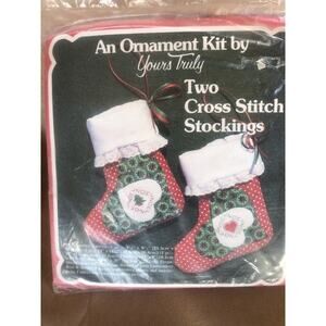 Christmas  Ornament Kit  Yours Truly Fabric Two Cross Stitch Stockings 1981